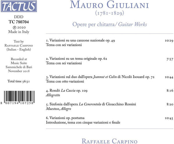 Mauro Giuliani (2) - Raffaele Carpino : Opere Per Chitarra (CD, Album)