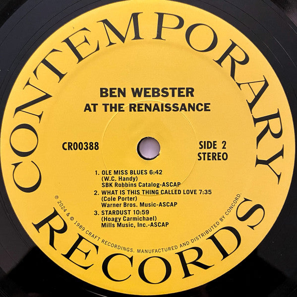 Ben Webster : At The Renaissance (LP, Album, RE, 180)