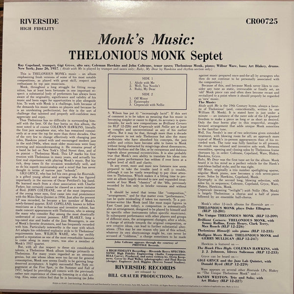 Thelonious Monk Septet : Monk's Music (LP, Album, Mono, RE, 180)