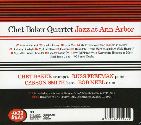 Chet Baker Quartet : Jazz At Ann Arbor (CD, Album)