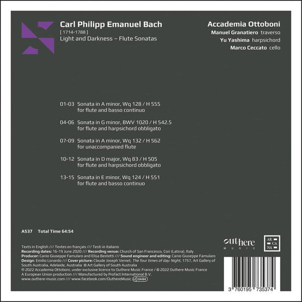 Carl Philipp Emanuel Bach – Accademia Ottoboni, Manuel Granatiero, Yu Yashima, Marco Ceccato : Light and Darkness – Flute Sonatas (CD, Album)