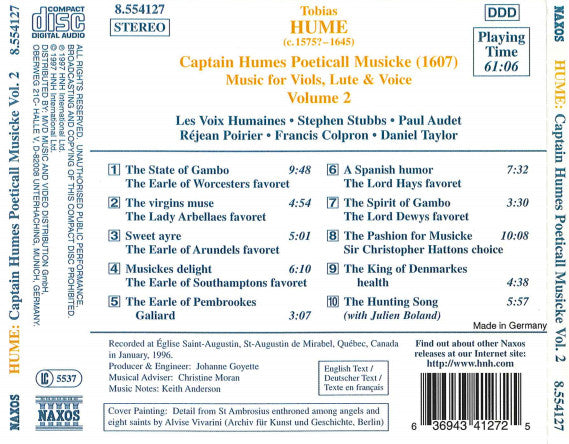 Tobias Hume - Les Voix Humaines • Stephen Stubbs • Paul Audet • Réjean Poirier • Francis Colpron • Daniel Taylor (3) : Captain Humes Poeticall Musicke Volume 2 (CD)
