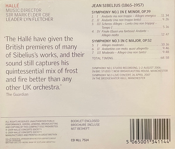 Hallé Orchestra, Jean Sibelius, Mark Elder (2) : Symphony No.1 In E Minor; Symphony No.3 In C Major (CD, Album)