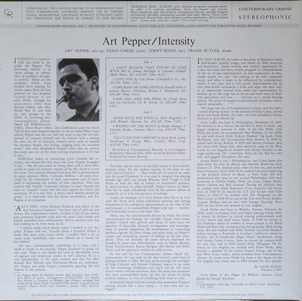 Art Pepper : Intensity (LP, Album, RE, 180)