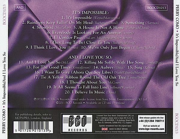 Perry Como : It's Impossible / And I Love You So (CD, Album, Comp, RM)