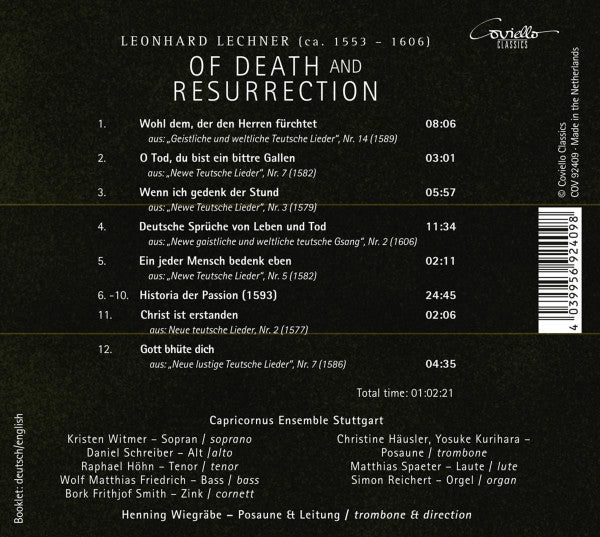 Leonhard Lechner, Capricornus Ensemble Stuttgart, Henning Wiegräbe : Of Death And Resurrection (CD)