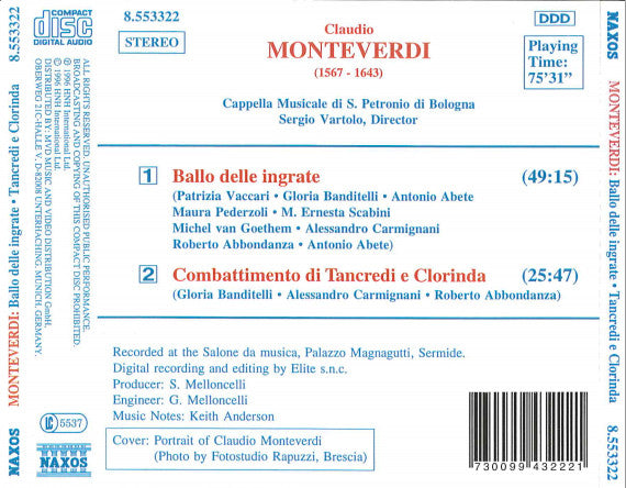 Claudio Monteverdi, Cappella Musicale Di S. Petronio Di Bologna, Sergio Vartolo : Ballo Delle Ingrate / Combattimento Di Tancredi E Clorinda (CD, Album)