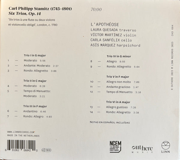 Carl Stamitz, Ensemble L'Apothéose : 6 Trios, Op. 14 a Une Flute ou Deux Violons et Violoncello obligé (CD, Album)