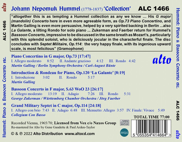 Johann Nepomuk Hummel, Martin Galling, George Zukerman, Collegium Con Basso, The Berlin Symphony Orchestra & Württembergisches Kammerorchester : Piano & Bassoon Concertos, Etc. (CD, RM)