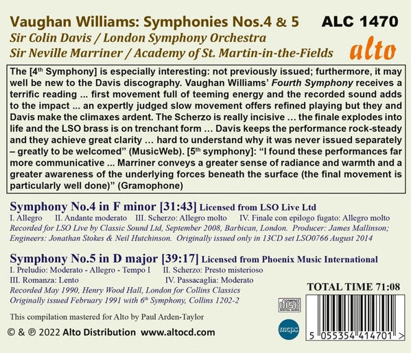 Ralph Vaughan Williams – Sir Colin Davis, London Symphony Orchestra, Sir Neville Marriner / The Academy Of St. Martin-in-the-Fields : Symphonies Nos. 4 & 5 (CD, Comp, RM)