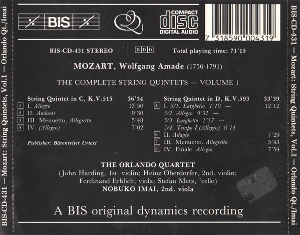 Wolfgang Amadeus Mozart, Orlando Quartet, Nobuko Imai : String Quintet In C Major, K.V. 515 / String Quintet In D Major, K.V. 593 (CD, Album)