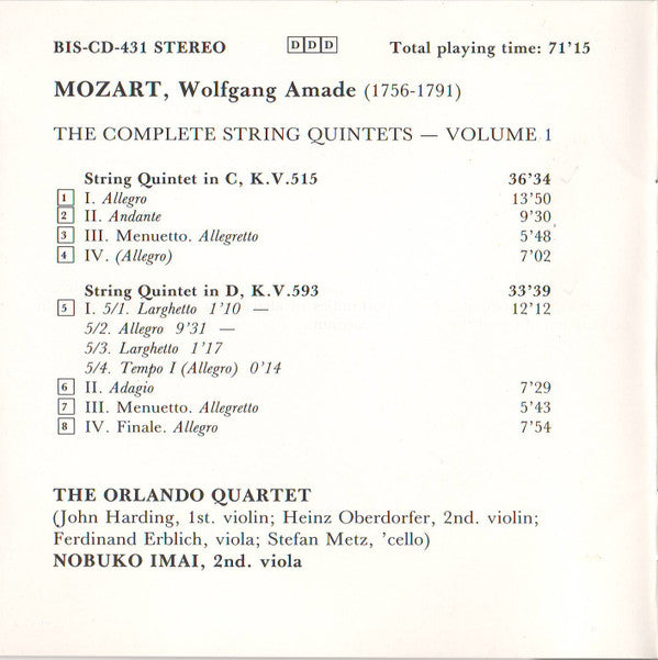 Wolfgang Amadeus Mozart, Orlando Quartet, Nobuko Imai : String Quintet In C Major, K.V. 515 / String Quintet In D Major, K.V. 593 (CD, Album)