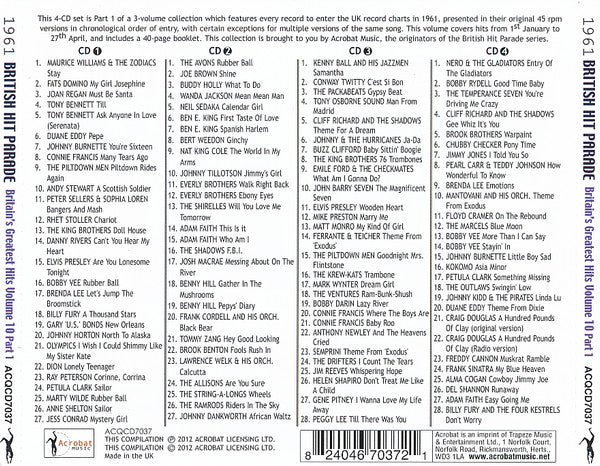 Various : 1961 British Hit Parade - Britain's Greatest Hits Volume 10 - Part 1 January - April (4xCDr, Comp)