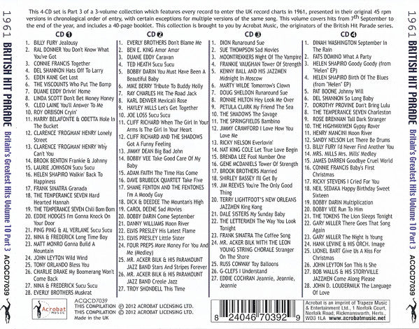 Various : 1961 British Hit Parade - Britain's Greatest Hits Volume 10 - Part 3 September - December (4xCDr, Comp)