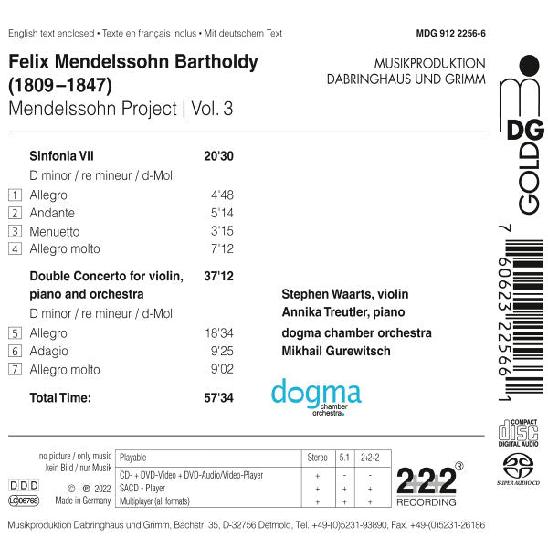 Felix Mendelssohn-Bartholdy, Stephen Waarts, Annika Treutler, Do.gma Chamber Orchestra, Mikhail Gurewitsch : String Symphony 7; Double Concerto D Minor (SACD, Hybrid, Multichannel, Album)