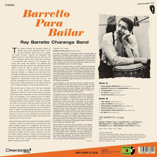 Ray Barretto Charanga Band : Barretto Para Bailar (LP, Album, Ltd, RE, 180)