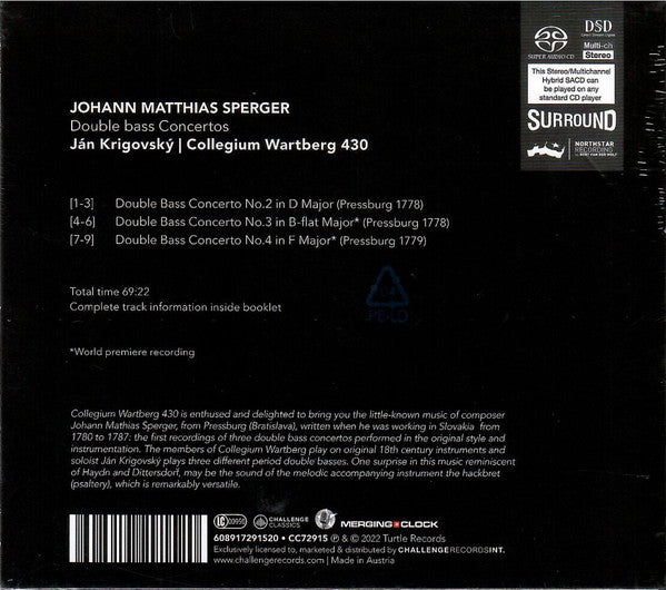 Johannes Matthias Sperger, Jan Krigovsky, Collegium Wartberg 430 : Double Bass Concertos (SACD, Hybrid, Multichannel, Album)