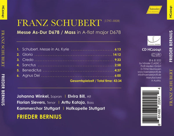 Franz Schubert, Kammerchor Stuttgart | Hofkapelle Stuttgart, Johanna Winkel | Elvira Bill | Florian Sievers (3) | Arttu Kataja, Frieder Bernius : Messe As-Dur D678 (CD)