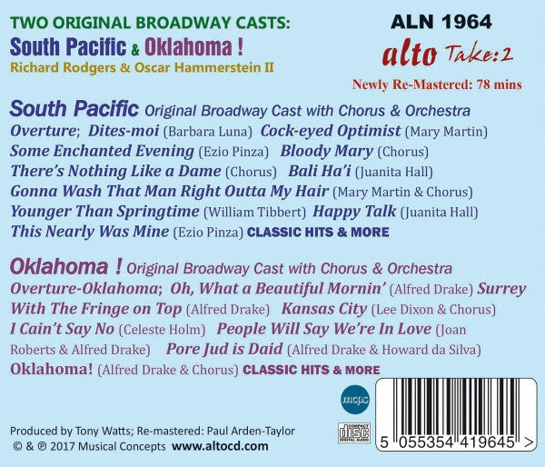 Mary Martin, Juanita Hall, Ezio Pinza, Alfred Drake, Celeste Holm : Two Original Broadway Classics: South Pacific & Oklahoma ! (CD, Comp, RM)