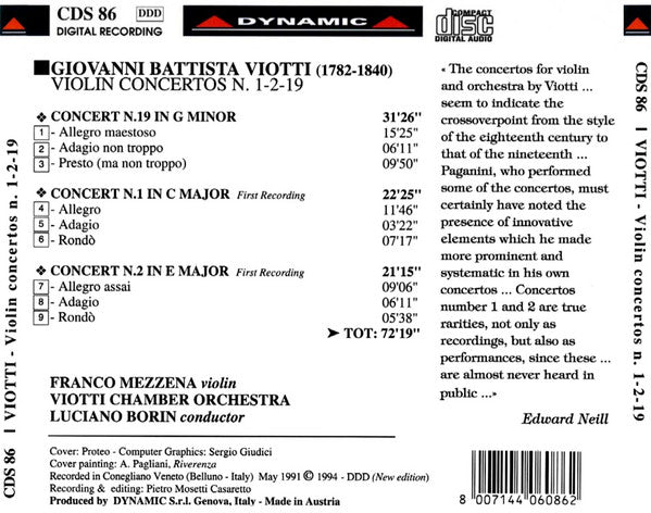 Giovanni Battista Viotti, Viotti Chamber Orchestra, Franco Mezzena, Luciano Borin : Violin Concertos N. 1-2-19 (CD)
