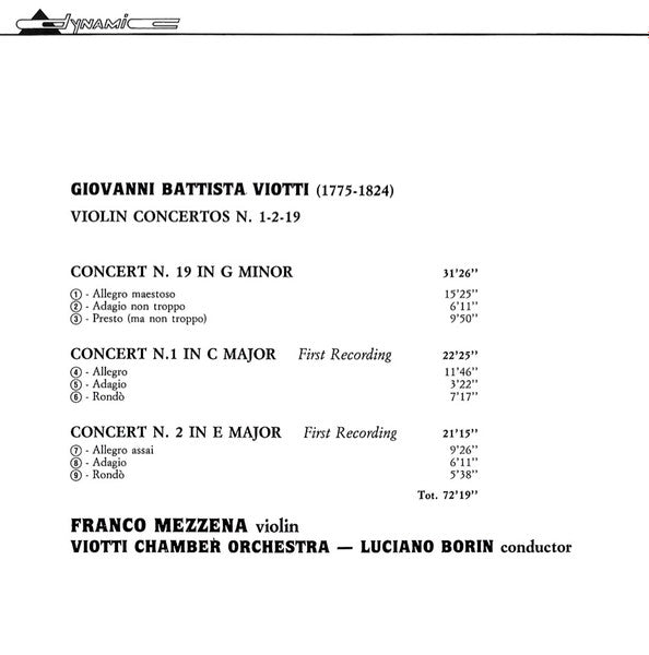 Giovanni Battista Viotti, Viotti Chamber Orchestra, Franco Mezzena, Luciano Borin : Violin Concertos N. 1-2-19 (CD)