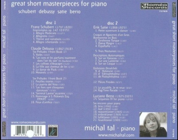 Franz Schubert, Claude Debussy, Erik Satie, Luciano Berio, Michal Tal (2) : Great Short Masterpieces For Piano  (2xCD, Album)