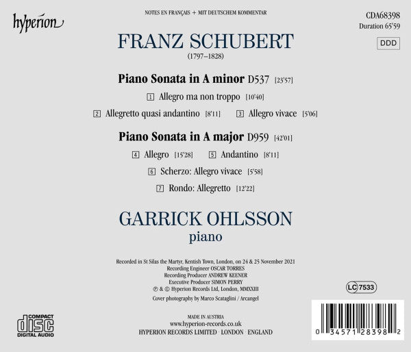 Franz Schubert, Garrick Ohlsson : Piano Sonatas D537 & D959 (CD)