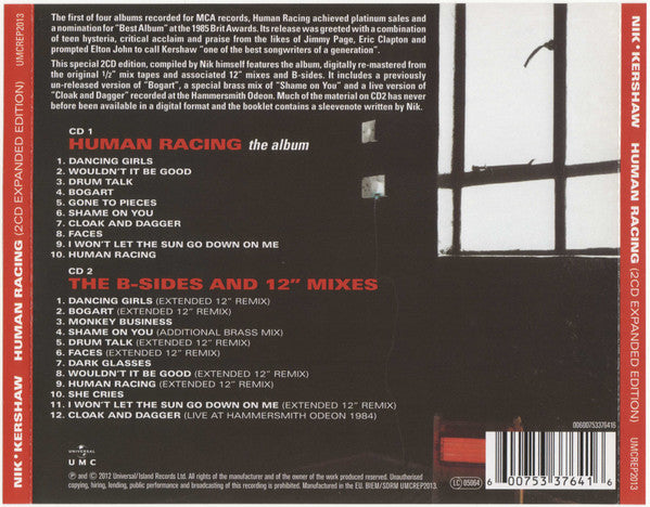 Nik Kershaw : Human Racing (CD, Album, RE + CD, Comp + RM, Exp)
