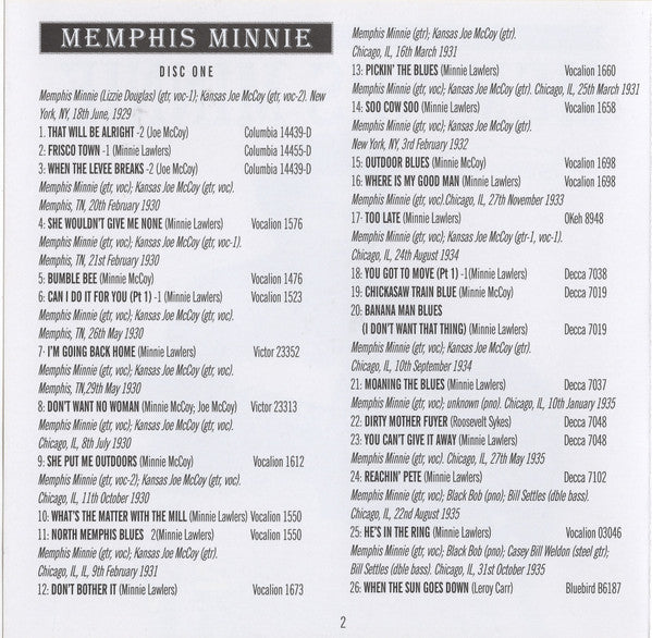 Memphis Minnie : The First Lady Of Country Blues (2xCDr, Comp, Mono)