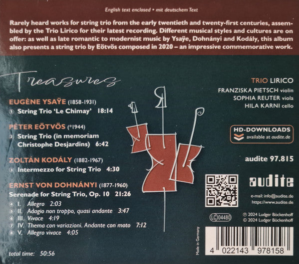 Trio Lirico, Eugène Ysaÿe, Peter Eötvös, Zoltán Kodály, Ernst von Dohnányi : Treasures (CD, Album)