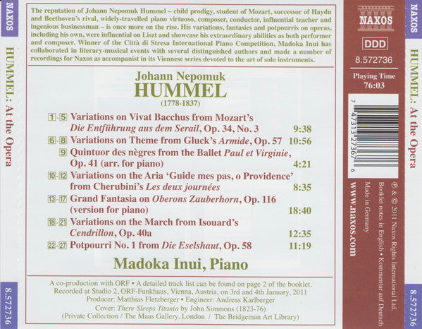 Johann Nepomuk Hummel, Madoka Inui : At The Opera (CD, Comp)