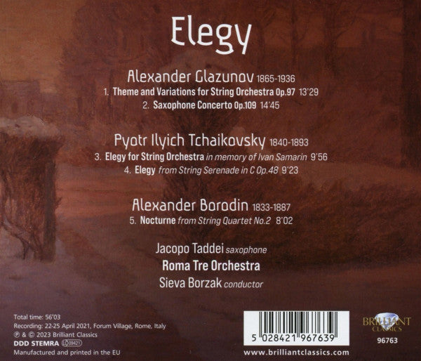Alexander Glazunov, Pyotr Ilyich Tchaikovsky, Alexander Borodin, Jacopo Taddei, Roma Tre Orchestra, Sieva Borzak : Elegy (CD)