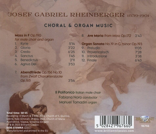 Josef Rheinberger, Il Polifonico, Fabiana Noro, Manuel Tomadin : Choral & Organ Music (CD)