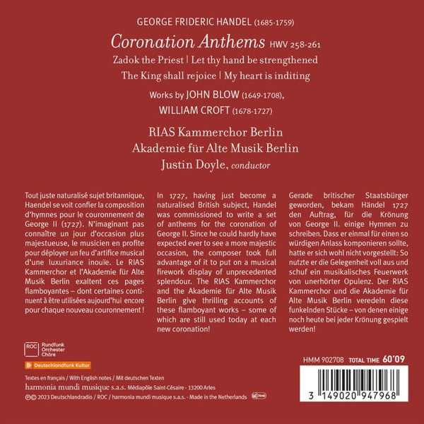 Georg Friedrich Händel, John Blow | William Croft, RIAS-Kammerchor, Akademie Für Alte Musik Berlin, Justin Doyle (3) : Coronation Anthems (CD)