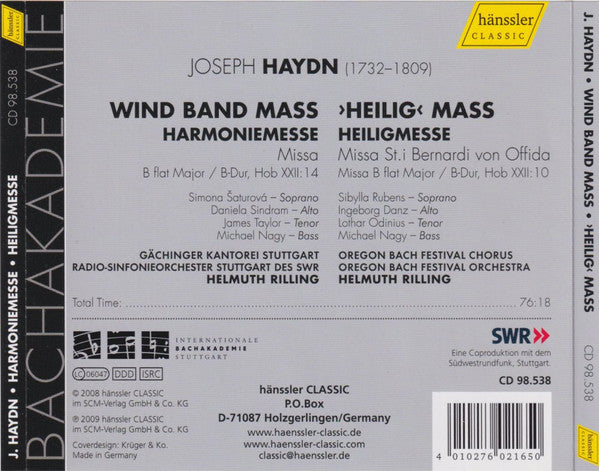 Joseph Haydn - Gächinger Kantorei Stuttgart, Radio-Sinfonieorchester Stuttgart, Oregon Bach Festival Choir & Oregon Bach Festival Orchestra, Helmuth Rilling : Wind Band Mass = Harmoniemesse. ›Heilig Mass‹ = Heiligmesse (CD, Album)