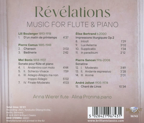 Lili Boulanger, Pierre Camus, Mélanie Bonis, Élise Bertrand, Pierre Sancan, André Jolivet, Anna Wierer, Alina Pronina : Révélations: Music For Flute & Piano (CD)