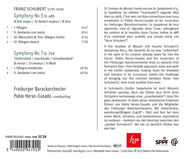 Franz Schubert, Freiburger Barockorchester, Pablo Heras-Casado : Symphonies Nos. 5 & 7 "Unfinished" (CD)