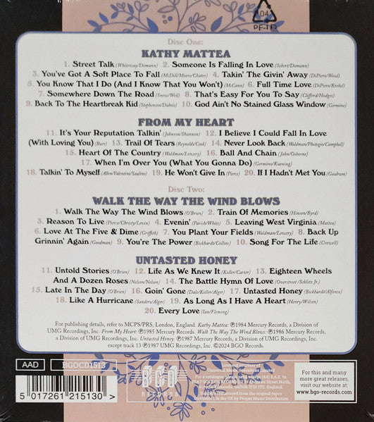 Kathy Mattea : Kathy Mattea / From My Heart / Walk The Way The Wind Blows / Untasted Honey (2xCD, Comp, RE, RM)