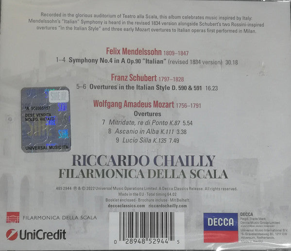 Felix Mendelssohn-Bartholdy, Franz Schubert, Wolfgang Amadeus Mozart, Riccardo Chailly, Filarmonica Della Scala : Musa Italiana (CD, Album)