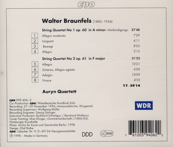 Walter Braunfels, Auryn Quartett : String Quartets 1 & 2 (CD, Album)