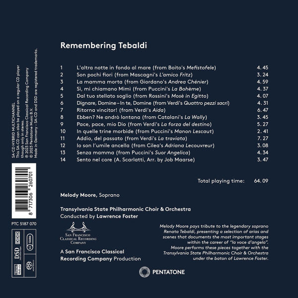 Melody Moore, Transylvania State Philharmonic Choir, Cluj & Transylvania State Philharmonic Orchestra, Lawrence Foster : Remembering Tebaldi (SACD, Hybrid, Multichannel)