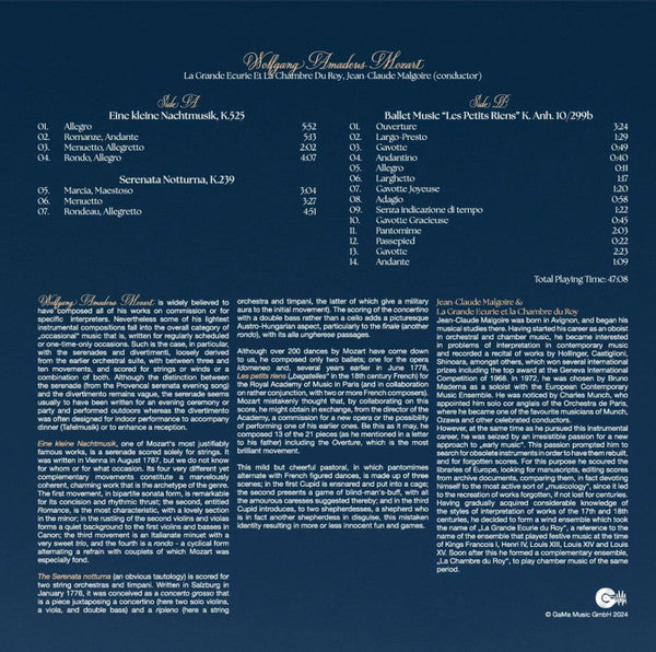 Wolfgang Amadeus Mozart, La Grande Ecurie Et La Chambre Du Roy, Jean-Claude Malgoire : Eine Kleine Nachtmusik K.525 / Serenade No.6 "Serenata Notturna" - K.239 / Ballet Music "Les Petits Riens" - K.Anh.10/299b (LP, Album, RE, RM, 180)