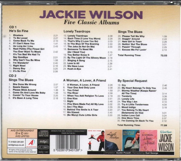 Jackie Wilson : Five Classic Albums  (He's So Fine / Lonely Teardrops / Sings The Blues / A Woman, A Lover, A Friend / By Special Request) (2xCD, Comp, Mono, RE, RM)