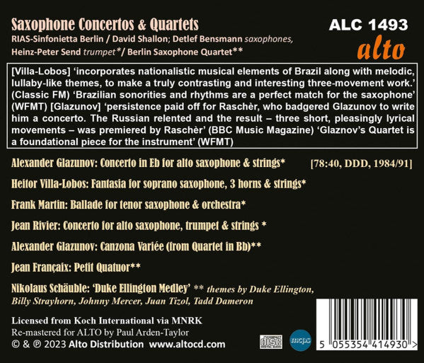 Alexander Glazunov, Heitor Villa-Lobos, Frank Martin (3), Jean Rivier, Jean Françaix, Detlef Bensmann, RIAS Sinfonietta / David Shallon, Berliner Saxophon Quartett : Saxophone Concertos & Quartets (CD, Comp)