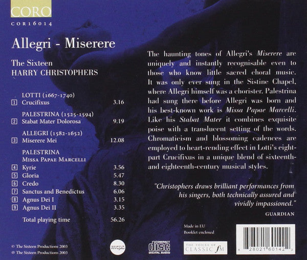 Gregorio Allegri, Giovanni Pierluigi da Palestrina, The Sixteen, Harry Christophers : Miserere / Missa Papae Marcelli (CD, Album, RE, EDC)