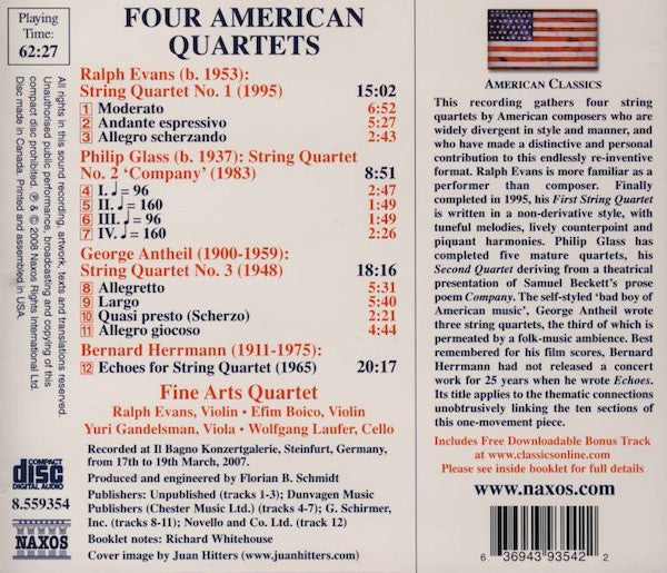 Philip Glass • Bernard Herrmann • George Antheil • Ralph Evans (2), The Fine Arts Quartet : Four American Quartets (CD, Album)