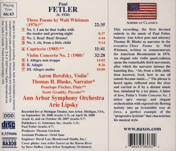 Paul Fetler – Aaron Berofsky • Thomas H. Blaske • Ann Arbor Symphony Orchestra • Arie Lipsky : Violin Concerto No. 2 • Capriccio • Three Poems By Walt Whitman (CD, Album)