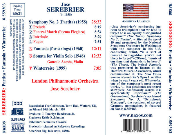Jose Serebrier, London Philharmonic Orchestra, Gonzalo Acosta : Symphony No. 2 (Partita) / Fantasia / Winterreise / Violin Sonata (CD, Album, RE)