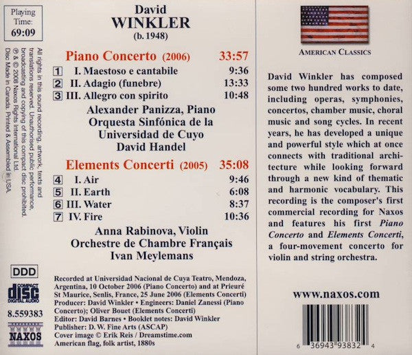 David Winkler, Alexander Panizza, Anna Rabinova, Orquesta Sinfónica De La Universidad De Cuyo, Orchestre De Chambre Français, David Handel, Ivan Meylemans : Piano Concerto • Elements Concerti (CD, Album)