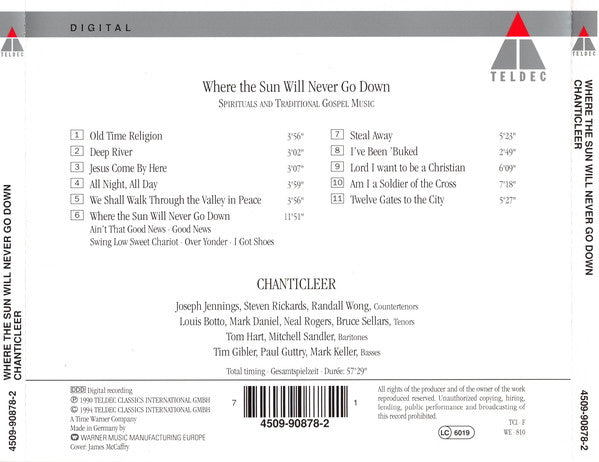 Chanticleer : Where The Sun Will Never Go Down (Spirituals And Traditional Gospel Music) (CD, Album)